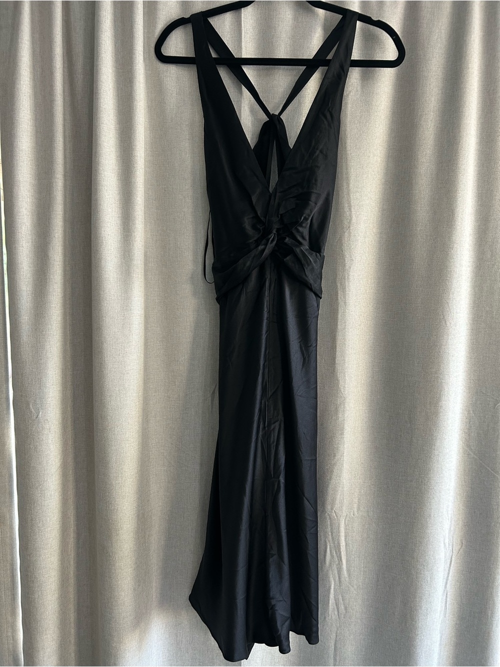 BCBGMaxAzria Black Backless Twist Midi Dress 100% silk